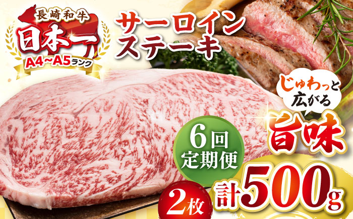 
【全6回定期便】【A4〜A5ランク】長崎和牛 サーロインステーキ 500g（250g×2枚）《壱岐市》【株式会社MEAT PLUS】 肉 牛肉 黒毛和牛 サーロイン ステーキ ご褒美 ギフト 贈答用 ご褒美 冷凍配送 A4 A5 [JGH129]
