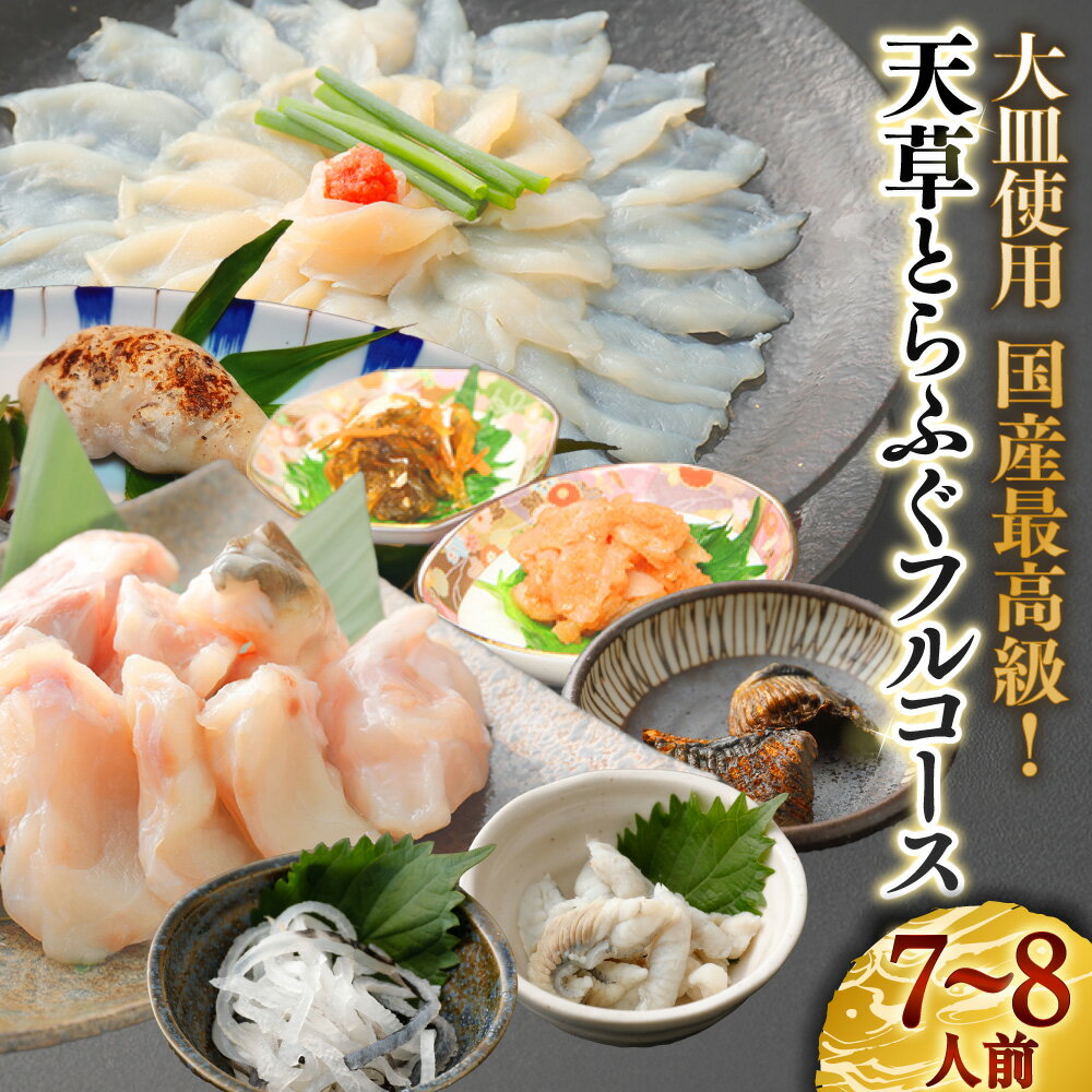 【ふるさと納税】【白子付】大皿使用 国産最高級！天草とらふぐフルコース 7～8人前 とらふぐ トラフグ 刺身 白子 皮 切身 アラ 旨辛明太和え 本皮松前漬け ひれ酒用焼きひれ 魚介類 水産物 詰め合わせ 冷凍 熊本県産 国産 九州 熊本県 送料無料 【2025年12月下旬発送開始】