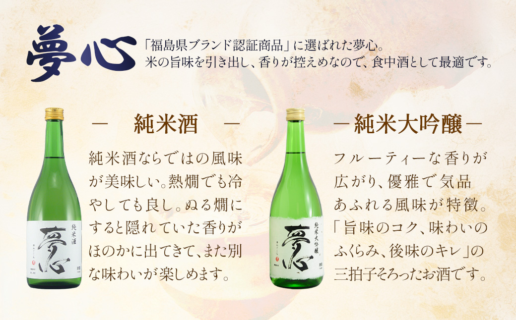 日本酒 夢心 純米セット 純米大吟醸夢心  純米酒夢心 720ml 各1本 計2本 飲み比べ セット ギフト お土産 夢心酒造 会津 喜多方【07208-0010】