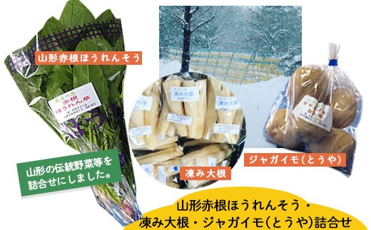 
[令和6年発送予約]山形赤根ほうれんそう・凍み大根・ジャガイモ（とうや）詰合せ【思いやり型返礼品】 FZ19-522
