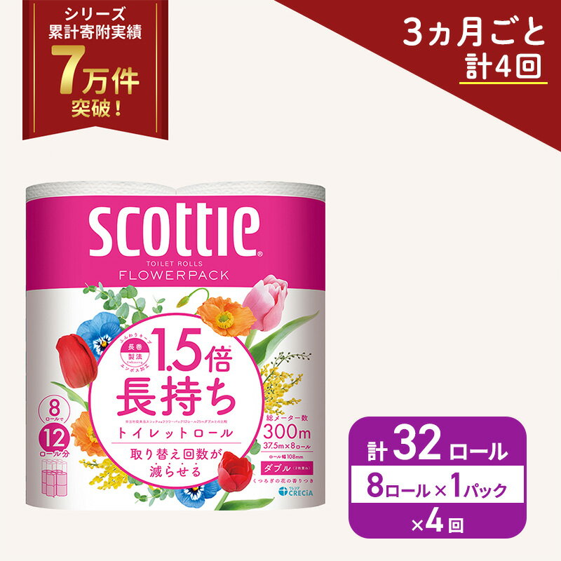 【ふるさと納税】 定期便 トイレットペーパー ダブル 8R×1P (3ヶ月ごと計4回) 香り付き 1.5倍 長持ち スコッティ フラワーパック 高品質 上質 柔らか ふんわり トイペ 日本製 日用品 防災 備蓄 消耗品 生活用品 生活雑貨 必需品 便利 コンパクト 送料無料 宮城県 岩沼市