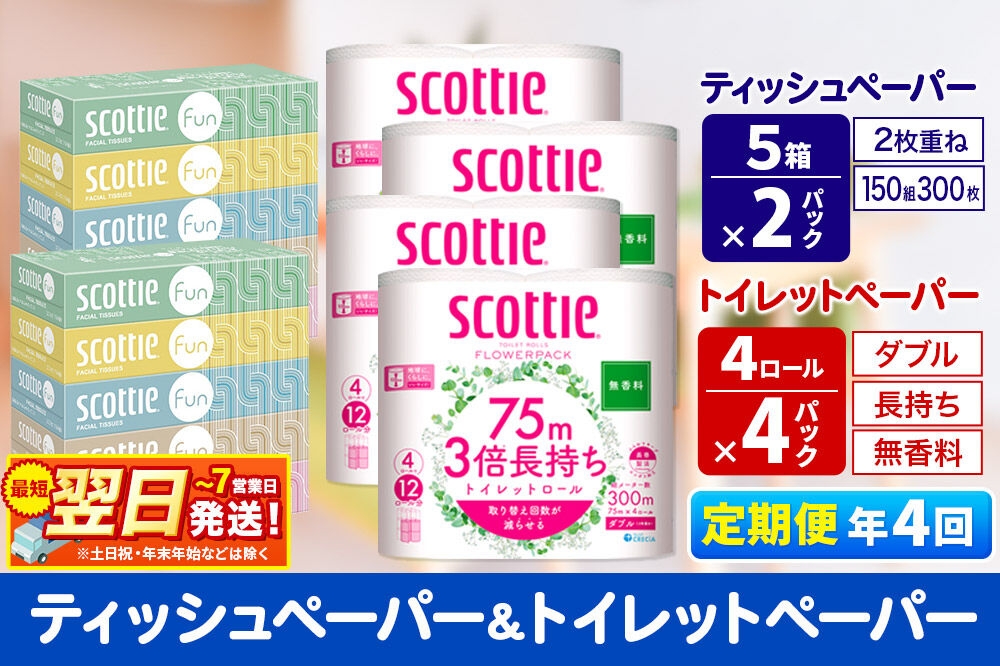 
                  《3ヶ月ごとに4回お届け》定期便 ティッシュペーパー スコッティ ファン 150組 5箱×2パック ＆ スコッティトイレットペーパー ダブル 無香料 3倍長持ち4ロール×4パック 秋田市オリジナル 最短翌日発送 [スコッティ フラワーパック トイレットペーパー 日本製紙クレシア ティッシュ スコッティ(SCOTTIE) スコッティティシュー 新生活]
                