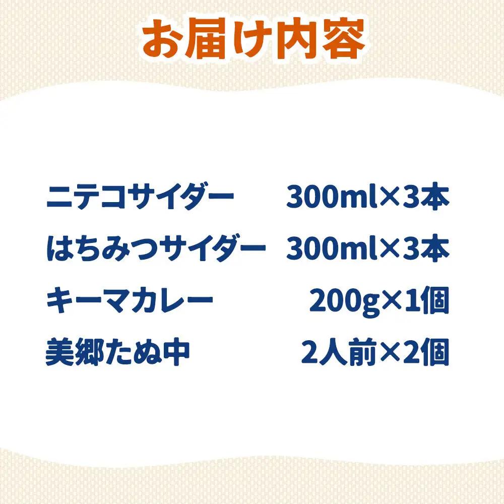 ニテコサイダー3本・はちみつサイダー3本とたぬ中・キーマカレーのセット 炭酸飲料 カレー キーマカレー レトルト 中華麺