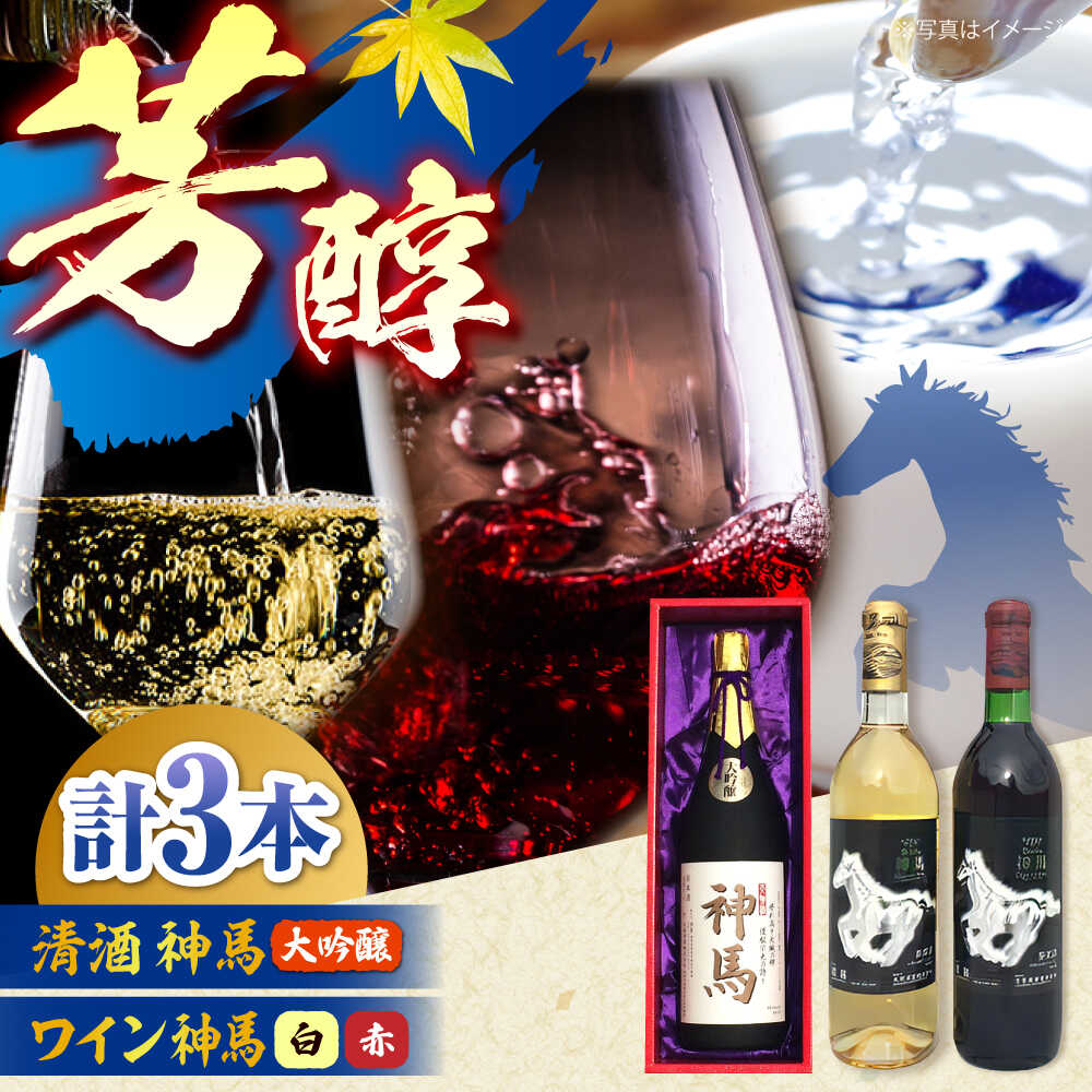 【ふるさと納税】清酒「神馬」大吟醸 1.8L・ワイン「神馬」赤白 各720ml / お酒 飲み比べセット 日本酒 ギフト 滋賀県 栗東 地酒 高級 一升瓶 宅飲み 家飲み アルコール フルーティー 辛口 フルボディ 詰め合わせ 贈り物 お祝い / 栗東市 / 酒甚[BIAK012]
