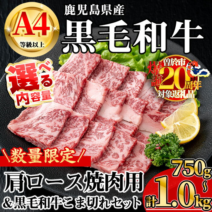 【ふるさと納税】【数量限定】＜内容量が選べる！＞鹿児島県産黒毛和牛A4等級以上肩ロース焼肉用 (合計750g＋黒毛和牛こま切れ250g×1P・合計1.0kg＋黒毛和牛こま切れ250g×2P) 国産 鹿児島県産 牛 小分け 冷凍 肩ロース 焼肉【KNOT】