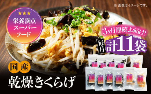 【全3回定期便】【栄養満点のスーパーフード！りんりんきくらげ】国産 乾燥 木耳 美容 健康 ぷりこりセット 計11袋 きくらげ キクラゲ 木耳 きのこ キノコ 食品 食物繊維 野菜 やさい ビタミンD 乾燥 炒め物 ラーメン 便利 密封 安心 安全 美容 健康 腸活 ギフト 国産 広島県産 人気 江田島市/株式会社凛[XCB009]