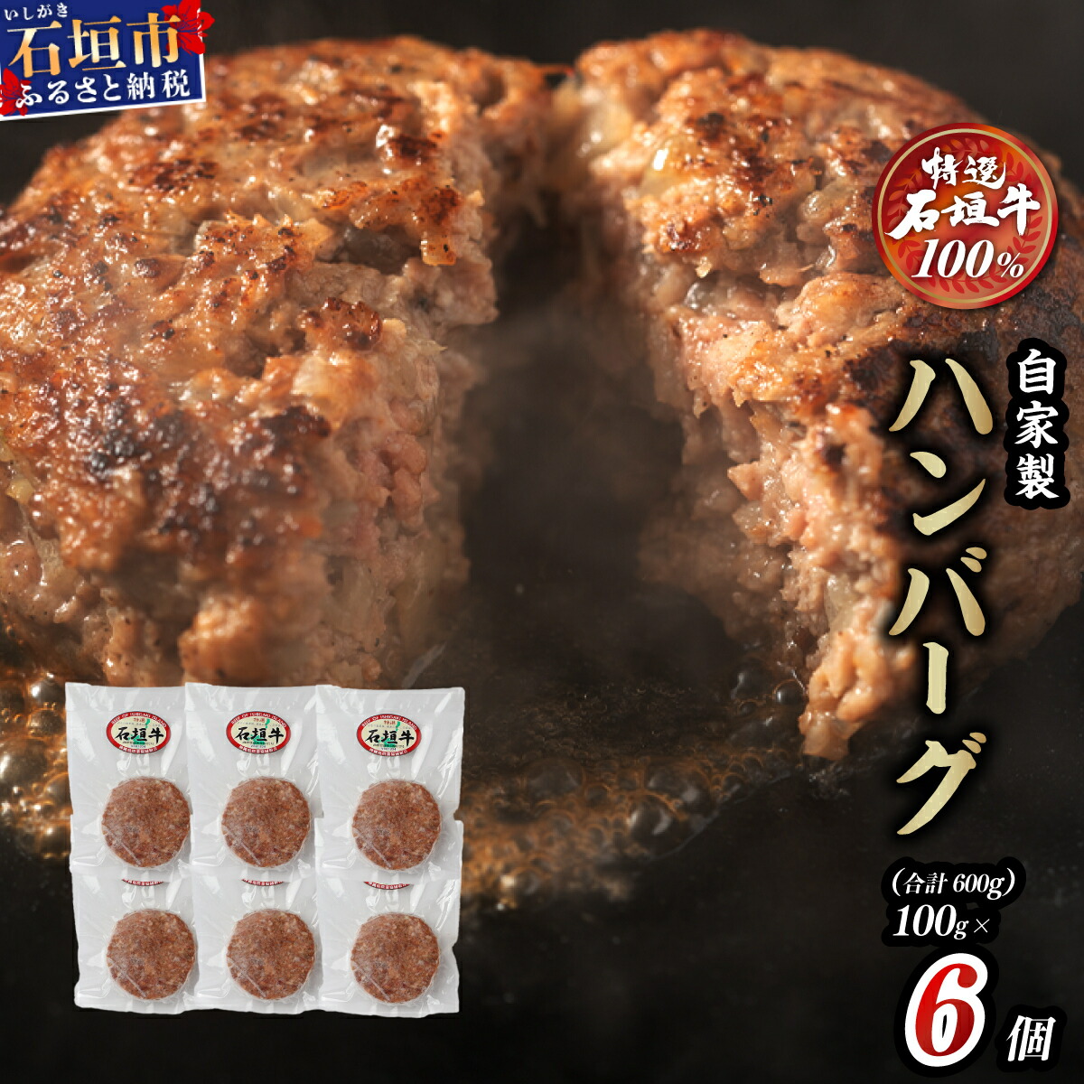 高級 黒毛和牛 石垣牛 100% 自家製 ハンバーグ 100g × 6個 600g   I-21