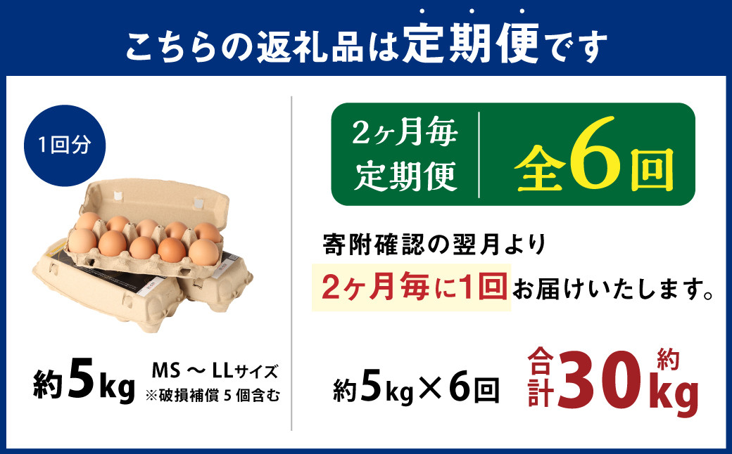 【隔月6回定期便】 大分県 九重町産 平飼いニワトリの池田卵 ミックスサイズ MS～LLサイズ 計約30kg（約5kg×6回）