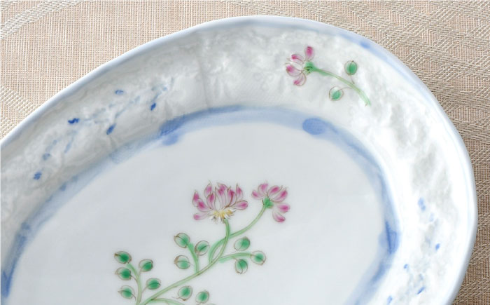 【波佐見焼】小花紋レース 小判皿 プレート 3枚組【藍水】 [GB27]