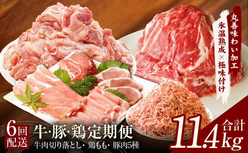 099Z244 牛・豚・鶏 定期便 7種 総量11.4kg（牛肉切り落とし／カット済み 鶏もも／豚肉5種 食べ比べ）全6回 丸善味わい加工【毎月発送コース】