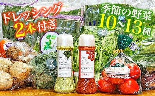 【ふるさと納税】★ レビューキャンペーン 実施中 ★ ドレッシング 2本 付き 季節の野菜 BOX バジル シーザー ドレッシング トマト ドレッシング 195g 各1本 | 人気の直売所 トマト を 含む 季節の野菜 約10 ～ 13種 愛彩畑 あいさいばたけ 君津 きみつ 千葉県