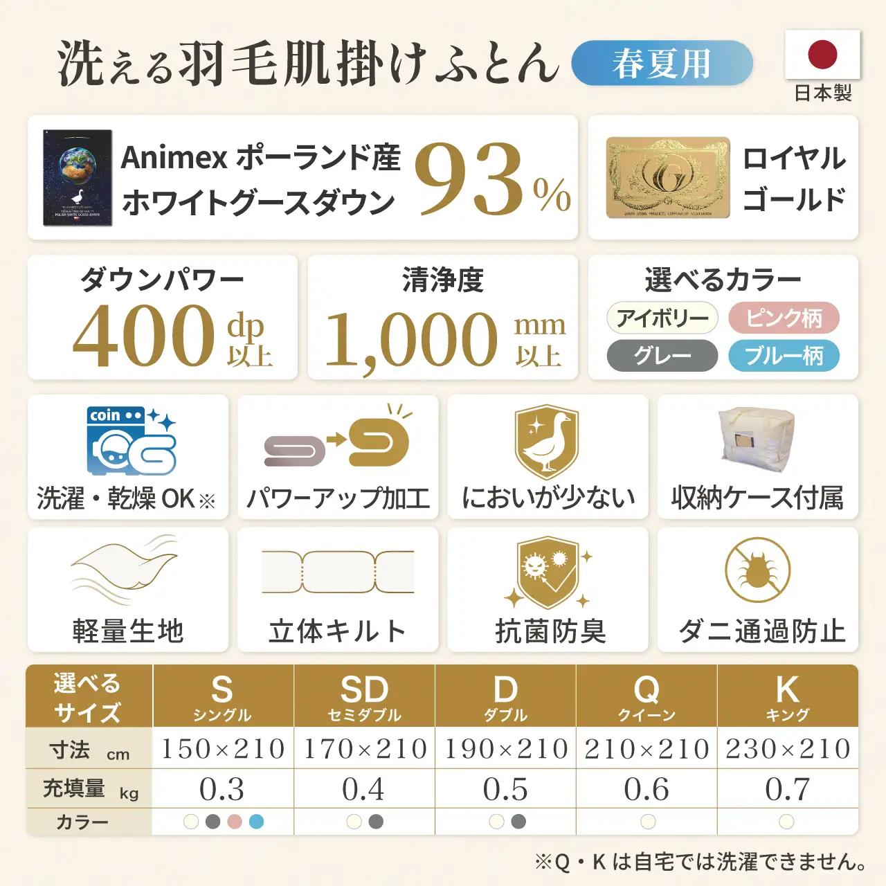 【春夏用】洗える羽毛布団 セミダブル肌掛け ダウン夏 春 ホワイトグースダウン93% 0.4kg 400dp ダウンケット 無地 アイボリー