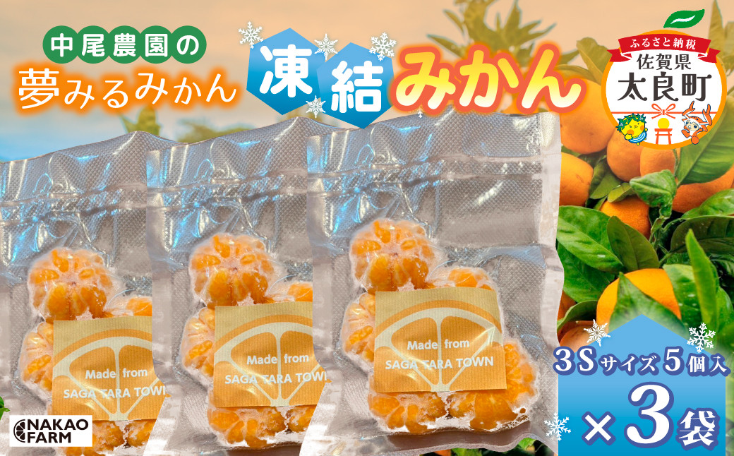 
            中尾農園の夢みるみかん 凍結みかん3Sサイズ5個入×3袋  みかん ミカン 蜜柑 柑橘 小玉 凍結みかん フルーツ くだもの 果物 ビタミン豊富 国産 月の引力が見える町 さがみかん 太良みかん 夢みるみかん おいしい 減農薬 濃厚 ギフト 贈答品 贈り物 冷凍 佐賀県 太良町 M110
          