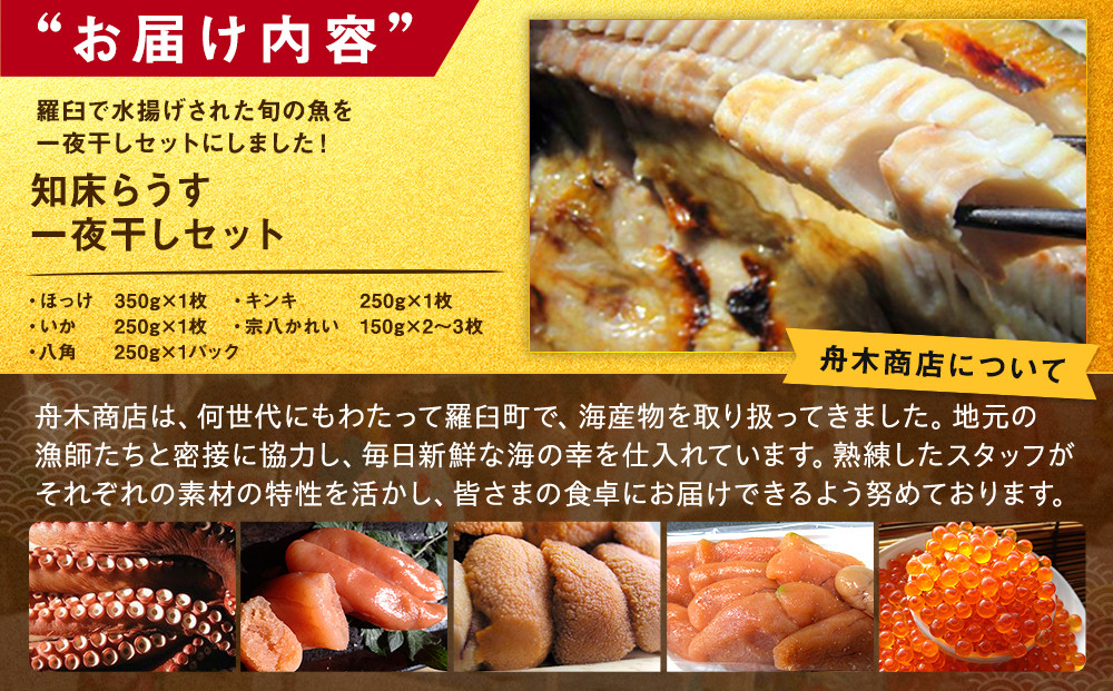 知床らうす 一夜干しセット 魚 北海道 海産物 魚介 魚介類 ほっけ ホッケ キンキ きんき めんめ いか 宗八カレイ 八角 干物 魚 肴 ご飯のお供 おかず 羅臼町 北海道 生産者 支援 応援