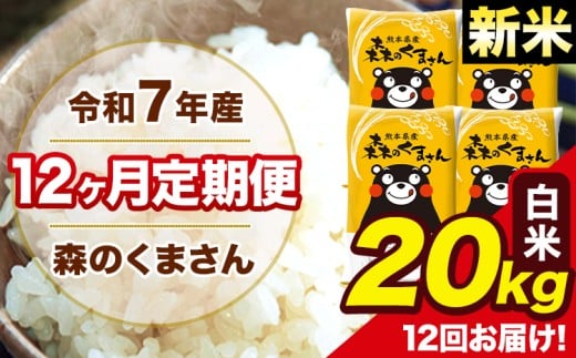 新米 令和7年産 森のくまさん 白米 20kg 5kg×4袋 計12回お届け 《お申込み翌月から出荷》 お米 こめ 熊本県産 ご飯 備蓄