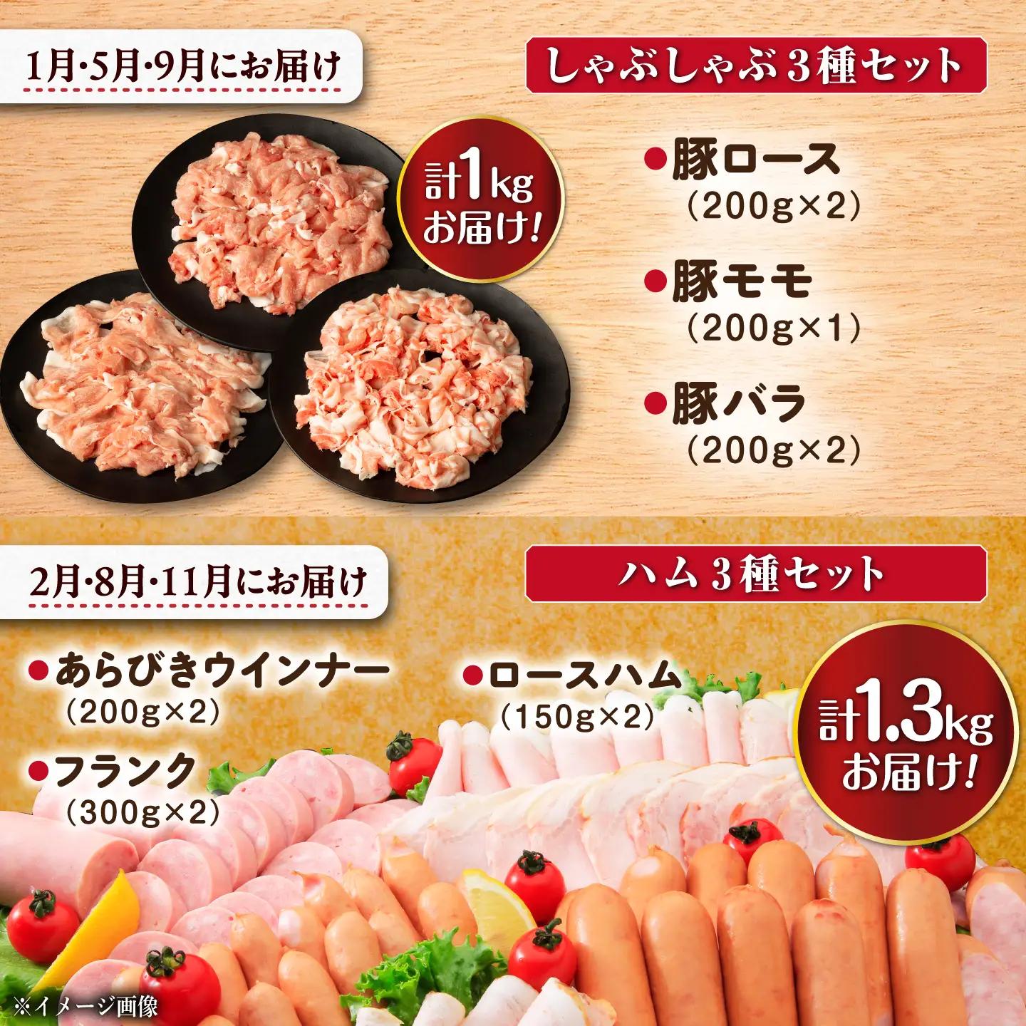 【12回定期便】ナルちゃんファーム豚肉食べ比べコース 総量12.9kg（豚肉しゃぶしゃぶ・スライス・焼肉・とんかつ・ハムセット）/ 豚肉 ロースハム ハム はむ ウインナー ういんなー フランク 豚ロ