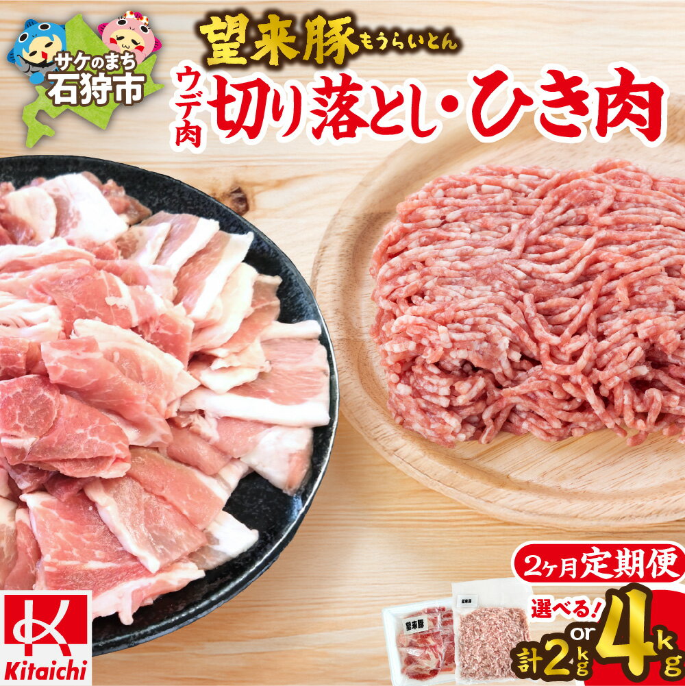 【ふるさと納税】【定期便2回】 北海道産 望来豚 切り落とし & ひき肉 【選べる 容量】 2ヶ月 各500g 計2kg 各1kg 計4kg 定期便 三元豚 豚肉 豚 腕肉切り落とし 挽肉 旨味たっぷり 万能食材 レシピ付き 冷凍 北海道 石狩市