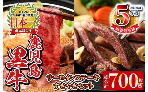 y191 《数量限定》E701 最高級の鹿児島黒牛サーロインステーキ(2枚)・すきやきセット(総合計700g)鹿児島県産黒毛和牛の最高肉質5等級牛肉を堪能！ 国産 九州産 牛肉 黒牛 黒毛和牛 和牛 ステーキ サーロイン リブロース スライス しゃぶしゃぶ すき焼き 【湧水町JAあいら】