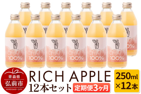 《定期便3ヶ月》RICH APPLE りんごジュース12本セット（250ml×12本×3回）【飲料類 果汁飲料】
