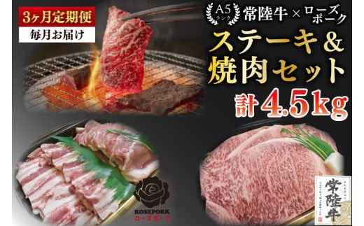 
                  【3ヶ月定期便】【常陸牛 A5ランク・ローズポークステーキ焼肉セット】常陸牛サーロイン900ｇ（300ｇ×３枚）＋ローズポーク600ｇ（ロース300ｇ・ばら300ｇ） 冷凍 国産牛 和牛 牛肉 豚肉　ブランド豚 茨城県 水戸市 食べ比べ セット商品 国産 BBQ  老舗精肉店 (EK-61_1)
                