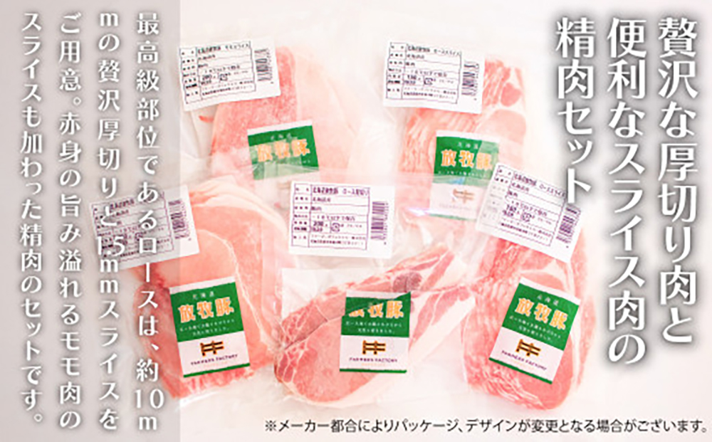 【全12回定期便】【簡易包装】放牧豚 スライス肉3種セット（ロース2種/モモ） 《厚真町》【ファーマーズファクトリー株式会社】 ロース モモ 豚肉 とんかつ しゃぶしゃぶ ステーキ 北海道 セット 詰