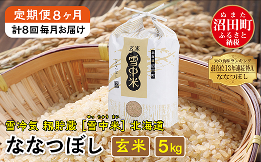 【定期便8ヶ月】　11月発送開始 ななつぼし 玄米5kg 計8回毎月お届け 令和6年産 雪冷気 籾貯蔵 北海道 雪中米 特Aランク