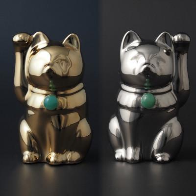 ふるさと納税 瀬戸市 【招き猫】瀬戸焼 Jeramic 2体セット ゴールド&amp;プラチナ アベンチュリン(5月)