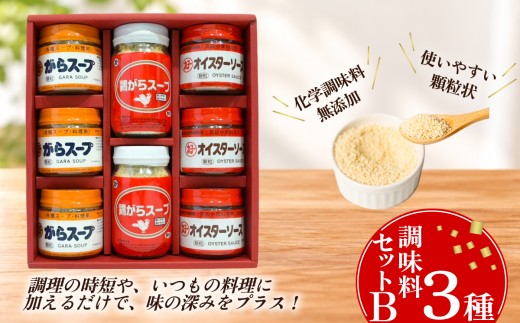 調味料セットB 3種 ( 鶏がらスープ ・ がらスープ  ・ オイスターソース )【 中華 調味料 スープ チャーハン 炒飯 料理 野菜炒め 中華風 オイスターソース 鶏がら 万能 便利 】