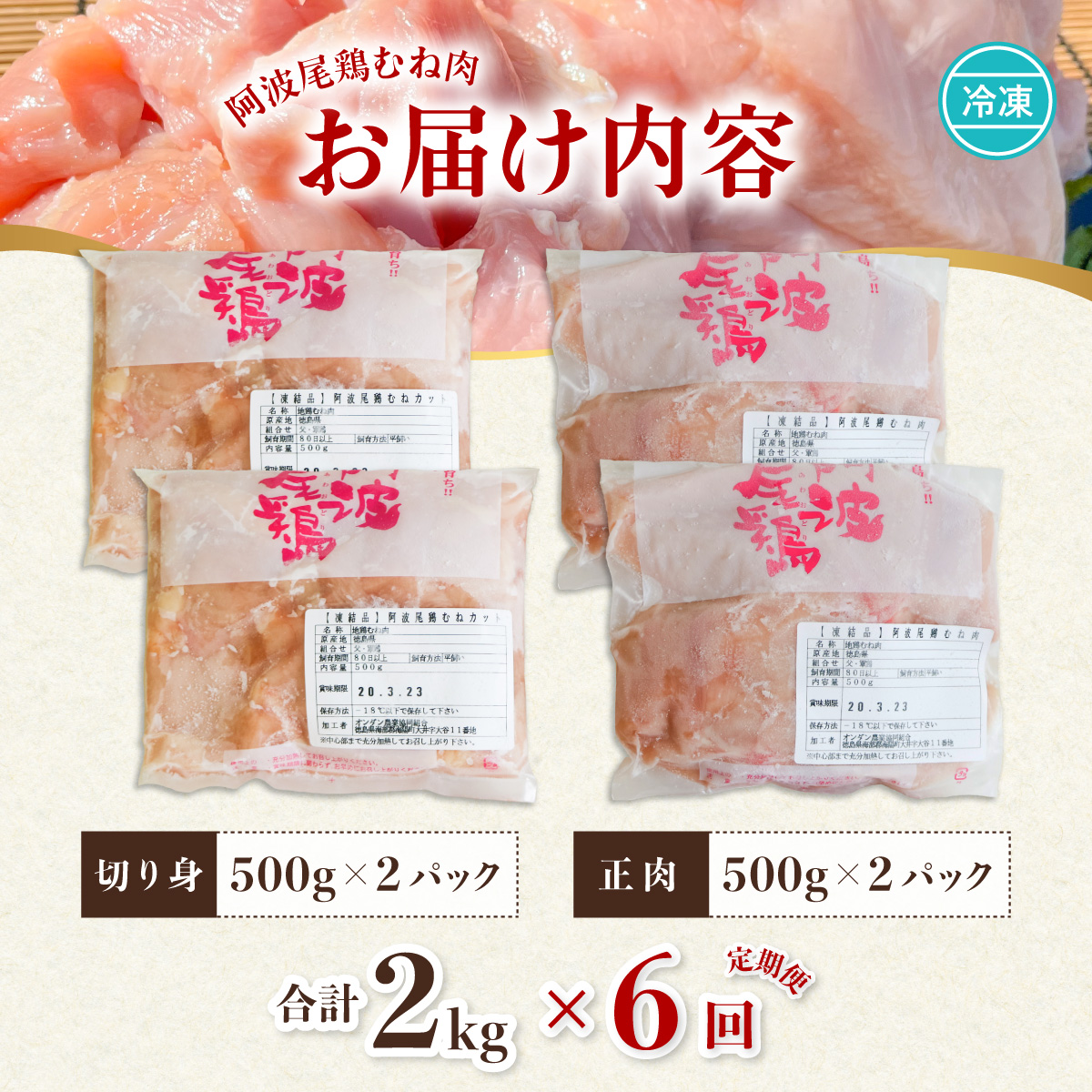【阿波尾鶏のお肉定期便　６か月連続】阿波尾鶏むね肉２ｋｇ　６回お届け