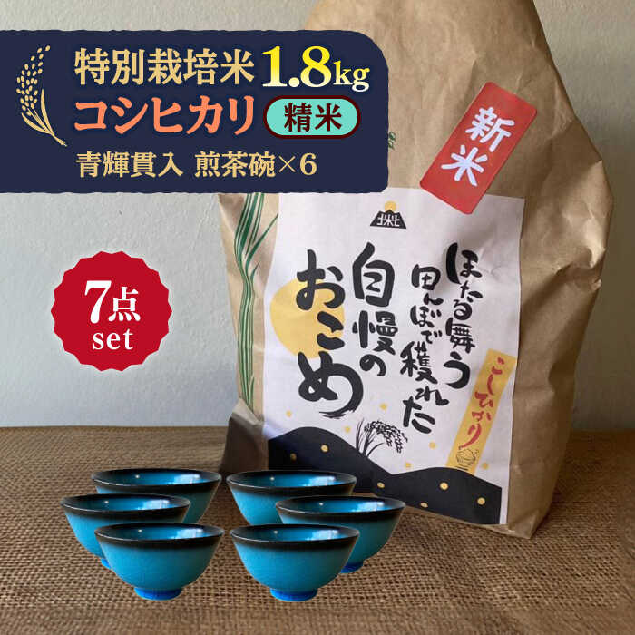 【ふるさと納税】【令和7年産】 精米 コシヒカリ 特別栽培米 （1.8kg）+ 【美濃焼】 青輝貫入 煎茶碗 （6個） 多治見市 / 山松加藤松治郎商店 [TEU063]