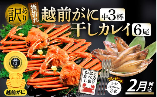 「訳あり 指折れ 越前がに（中）3杯」+ 「干しカレイ 6尾」 食べ方しおり かにスプーン付き【雄 ズワイガニ ずわいがに 越前ガニ 姿 ボイル 冷蔵 福井県】【2月発送分】希望日指定可 備考欄に希望日をご記入ください [e15-x007_02]