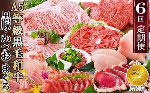 定期便(6回)A5等級黒毛和牛・黒豚・かつお・まぐろ FF-0058 _ 定期便 牛肉 肉 お肉 サーロイン ステーキ 焼肉 ハンバーグ 切り落とし 豚肉 しゃぶしゃぶ ロース バラ 霜降り 生ハム まぐろ かつお 【1166770】