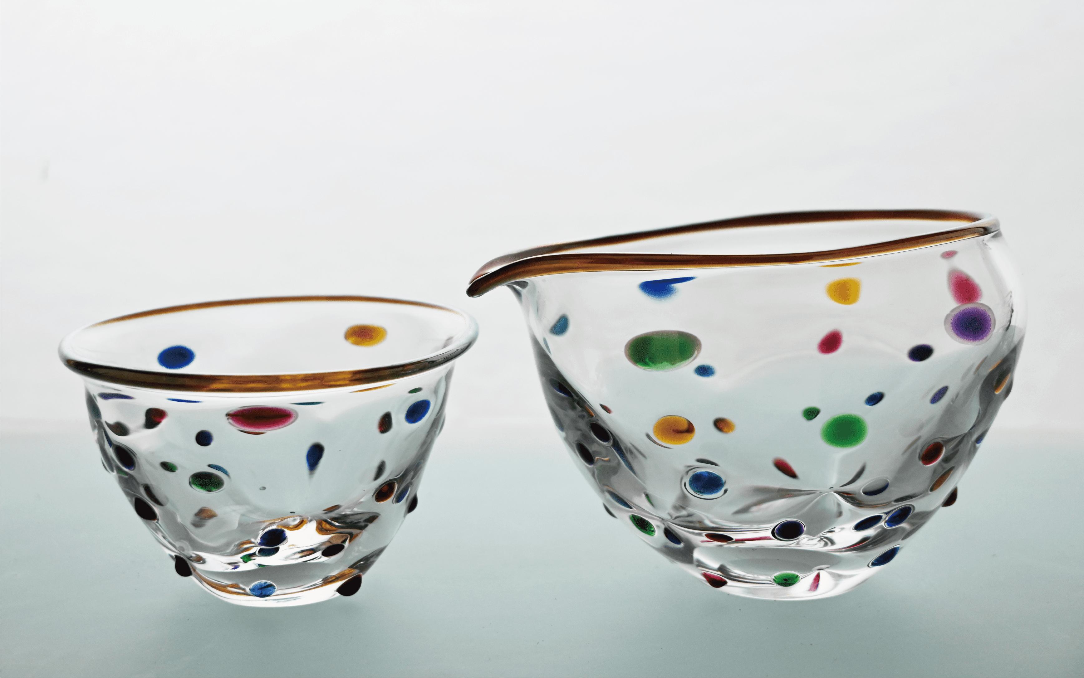 水玉片口盃セット(宮澤ガラス/077-1325) 酒器 ぐい呑み 徳利 おちょこ 日本酒 調味料入れ ドレッシング