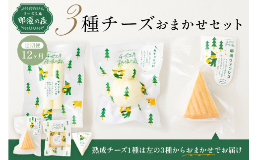 【チーズ工房那須の森】【定期便12ヵ月】 那須の森3種チーズおまかせセット（カチョカバロ＋フィラータスティック＋おまかせチーズ1種） ns003-002 【手作り ブラウンスイス乳 ミルク 料理 和食 洋食 おつまみ】