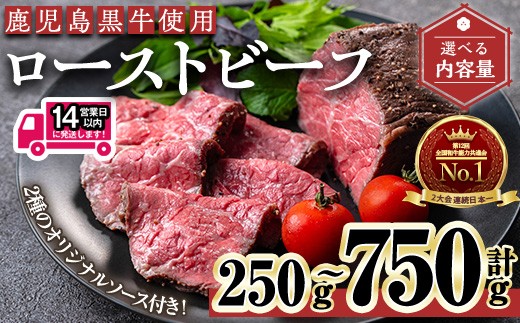 
                  ＜14営業日以内発送！＞＜内容量が選べる＞ローストビーフ(鹿児島黒牛使用)(計250g～750g・オリジナルソース付き) ローストビーフ ソース付き 冷凍【黒牛】A956
                