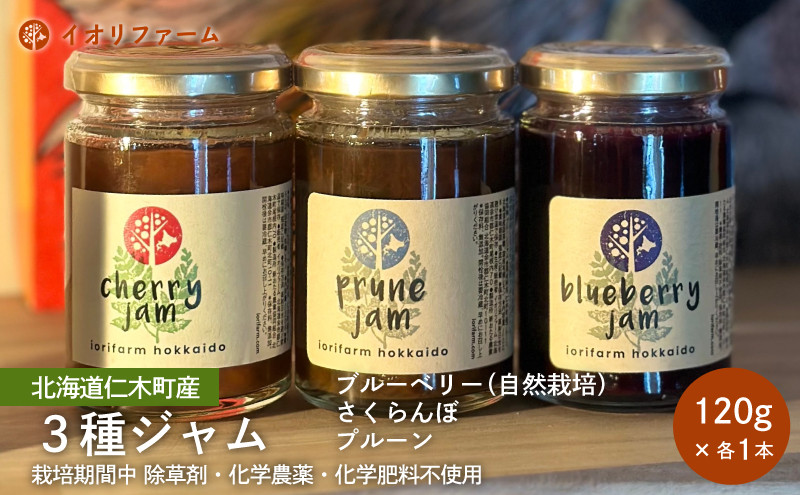 
                  北海道仁木町産 ジャム120g×3種セット（ブルーベリー・プルーン・さくらんぼ） 栽培期間中 除草剤・化学農薬・化学肥料不使用 サクランボ プルーン ブルーベリー ジャム 果物 フルーツ 北海道 仁木町 [iori farm]
                