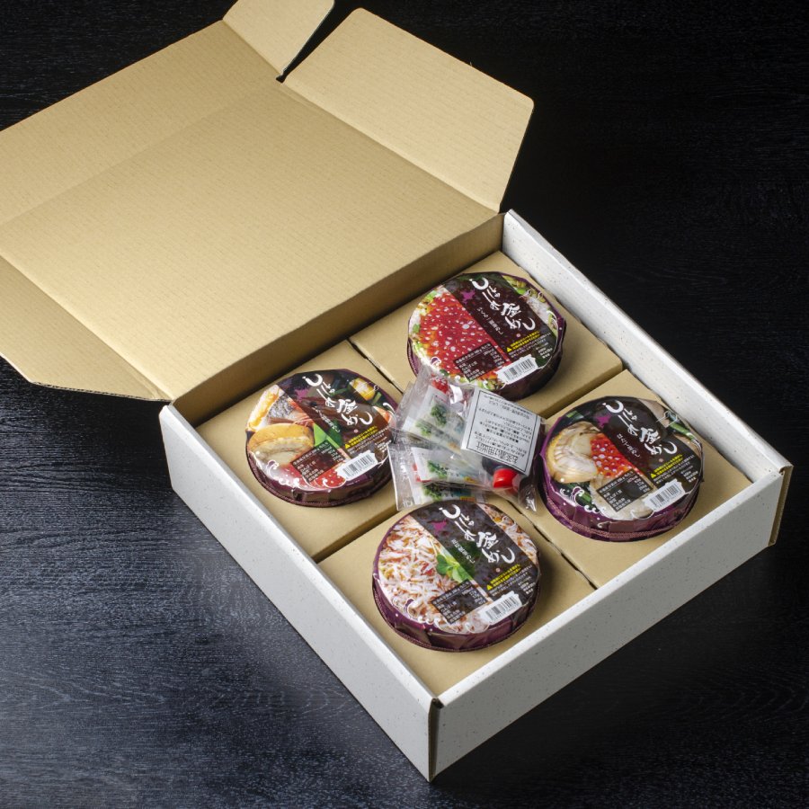 ＜旬のお料理 釜めし いちえ＞しばれ釜めし４個ギフト(いちえ特製、花咲蟹、いくら一面、ほたて)