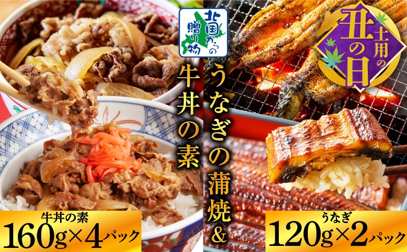 020C403d 【土用の丑の日までにお届け】五郎藤 国産 関西風 地焼き有頭旨鰻 120g×2尾＆黒毛和牛で作った牛丼の素 160g×4パック【丼食べ比べ】