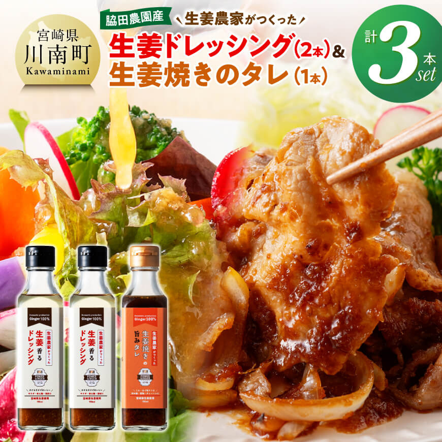 【ふるさと納税】脇田農園産　生姜農家が作った生姜ドレッシング2本＆生姜焼きのタレ1本　計3本セット - 生姜 ショウガ 国産 宮崎県産 九州産 川南町産 農家直送 しょうが 生姜焼きのたれ ドレッシング セット 送料無料 C07003