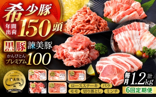 【6回定期便】＜特Aのブランド米で育てた＞黒豚諫美豚プレミアム100 5種セット 計1.2kg( ロースステーキ バラ モモ 切り落とし ひき肉 ) / 豚肉 ロース ステーキ 挽き肉 ミンチ / 諫早市 / 株式会社土井農場 [AHAD112]
