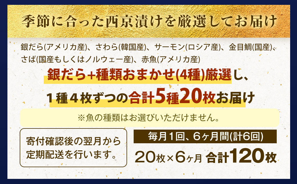【6ヶ月定期便】訳あり 厳選 西京漬け おまかせ5種 20枚セット