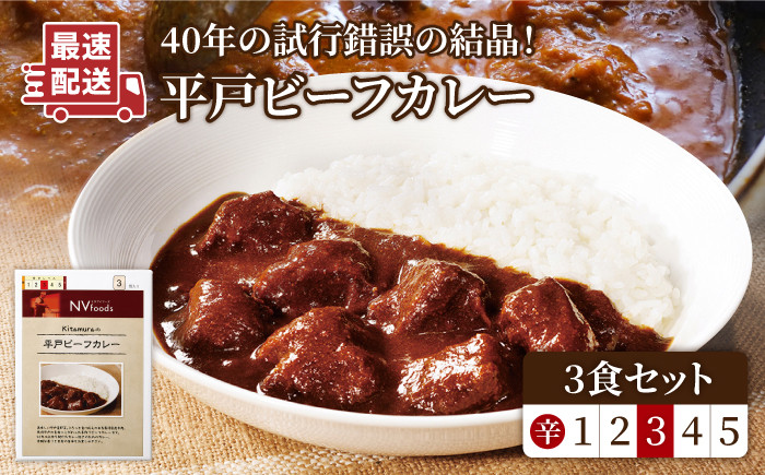 
【着日指定 可能】【40年の試行錯誤の結晶】平戸ビーフカレー3食セット（中辛） 平戸市 / カレー工房 NVfoods [KAB075]
