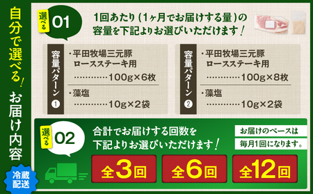 【 全12回 毎月 定期便 】 日本 の 米育ち 平田牧場 三元豚 ロース ステーキ 8枚 T036-T04-03 肉 豚肉
