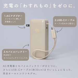 MOTTERU(モッテル) コンセント一体型 モバイルバッテリー 10000mAh PD30W入出力 3in1 残量表示ディスプレイ PSE適合製品 全3色 2年保証(MOT-MBAC10002-EC