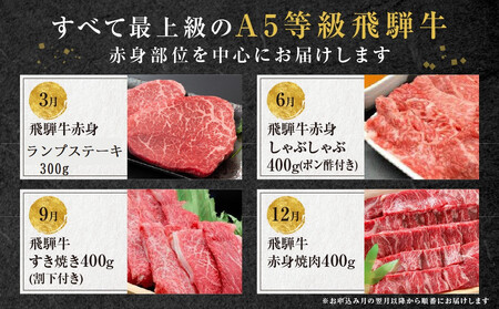 A5等級飛騨牛 定期便 4回（ステーキ／しゃぶしゃぶ／すき焼き／焼肉）【3月・6月・9月・12月発送】| 定期便 HF109
