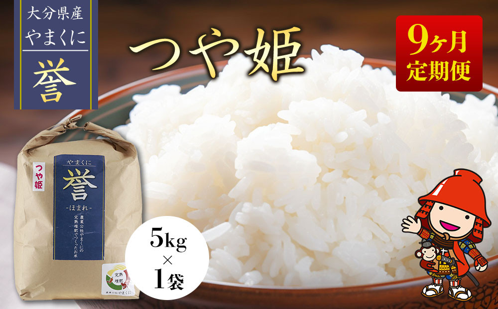 
                  【寄附使途限定】【9ヶ月定期便】九州米・食味コンクール最優秀賞受賞 大分県中津産やまくに誉 つや姫 5kg×1袋 (毎月1回) | お米 米 おこめ こめ 精米 白米 5キロ ご飯 九州産 国産 国産米 大分県米 九州米 定期 定期便 9回定期便 大分県 中津市
                