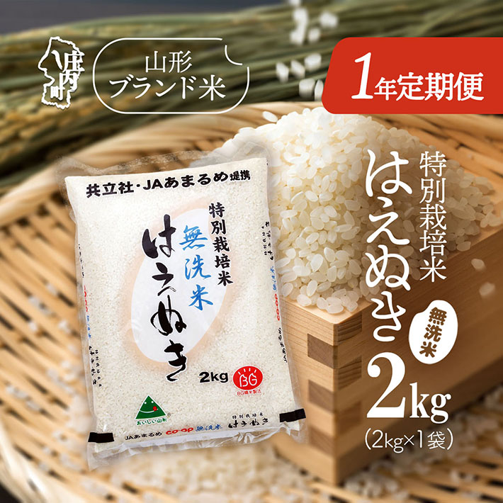 【定期便】【令和7年産/8年産】はえぬき 無洗米 2kg×1年間 毎月お届け 特別栽培米 山形県庄内町産 庄内米 ブランド米 米 コシヒカリの原点、亀の尾発祥の地 お米の定期便 甘み 粘り バランスの良い ごはん 家庭用【9月中旬発送】