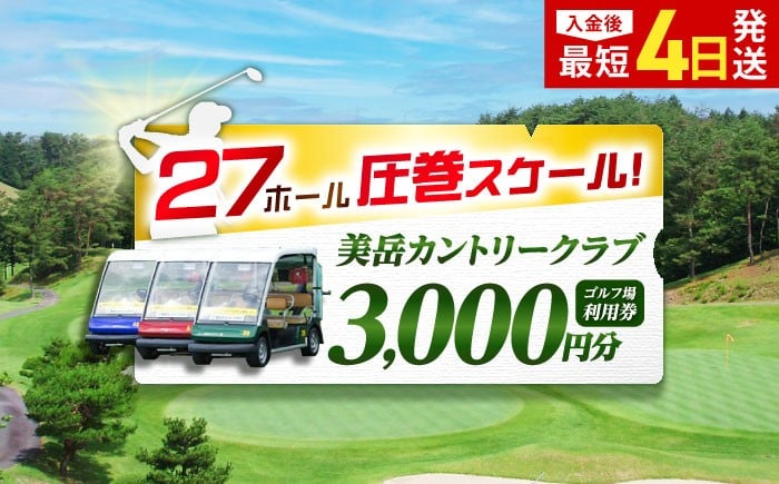 
            〈1年間有効〉美岳カントリークラブ ゴルフ場 利用券 3,000円分 / ゴルフプレー券 ゴルフ場利用券 ゴルフ場 体験 ゴルフ 岐阜 ゴルフ場利用券 ゴルフ場 ゴルフ golf GOLF ごるふ チケット ちけっと 利用券 プレー券 ふるさと納税 ゴルフ 岐阜 ゴルフ プレー / 御嵩町 / 美岳カントリークラブ [AVAM001]
          