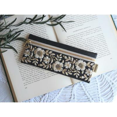 ふるさと納税 日光市 インド刺繍とレザーのペンケース / ブラック