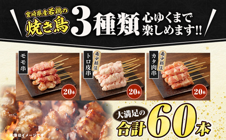 【最速便】宮崎県産若鶏　焼き鳥3種　60本(1.7kg)盛り合わせ 鶏肉 若鶏 焼き鳥